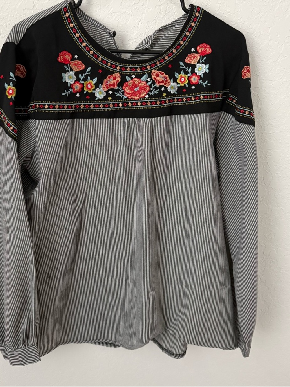 Embroidered Black & White Striped Peasant Top with Red Floral Accents, Size 3X